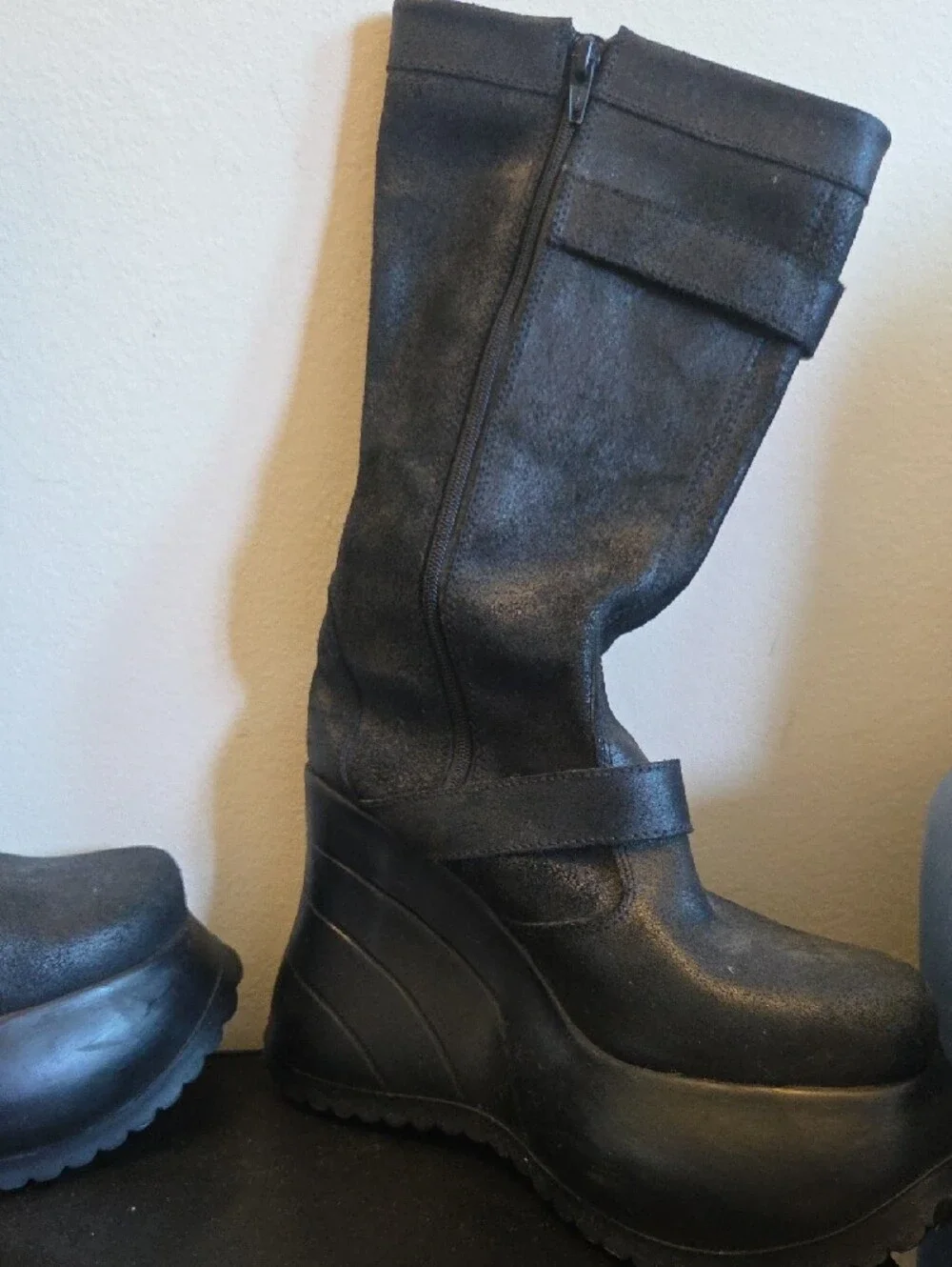 Women’s Roughout Leather Black Wedge Platform Boots with Buckle Detail